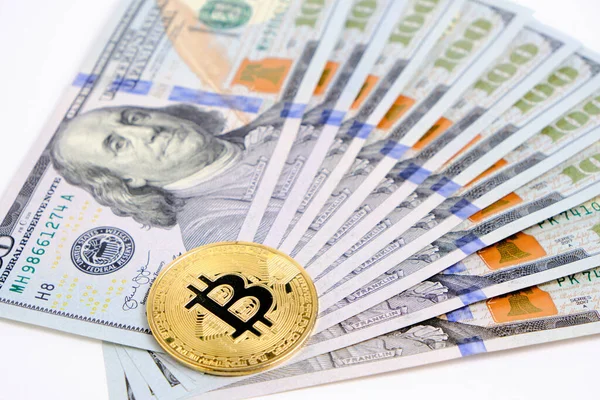 Pacote Desdobrado Notas Cem Dólares Bitcoin — Fotografia de Stock