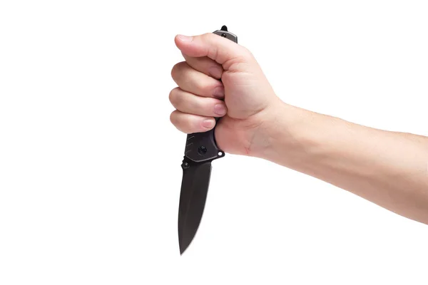 Coltello Chiudibile Tattico Mano Nuda Sfondo Bianco Assalto Legittima Difesa — Foto Stock