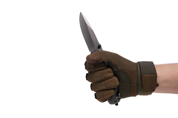 Guante Táctico Mano Con Cuchillo Plegable Sobre Fondo Blanco — Foto de Stock