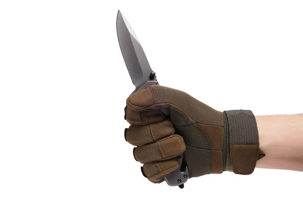 Рука Тактической Перчатке Держа Складной Нож Белом Фоне — стоковое фото