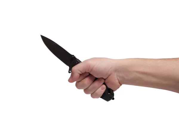 Cuchillo Táctico Plegable Mano Desnuda Sobre Fondo Blanco Asalto Defensa — Foto de Stock