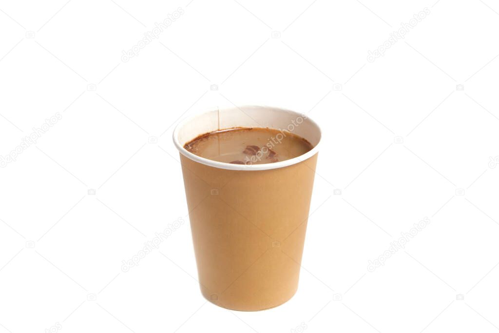 Disposable coffee cup with coffee on a white background