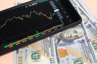 Akıllı telefon ekranında borsa grafiği ve bej arka planda 100 dolarlık banknotlar.