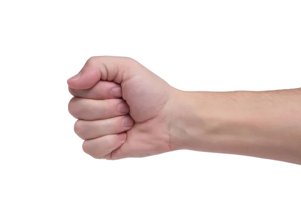 Man Hand Wordt Gelanceerd Vuist Geïsoleerde Witte Achtergrond — Stockfoto
