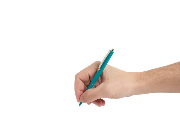 Mão Com Caneta Esferográfica Verde Enquanto Escreve Fundo Branco — Fotografia de Stock