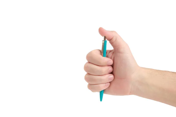 Nyomja Meg Mechanikus Gomb Golyóstoll Hüvelykujjával Fehér Alapon — Stock Fotó
