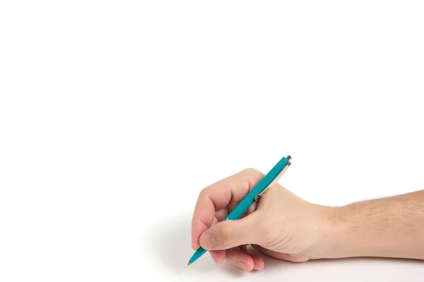 Mão Com Caneta Esferográfica Verde Enquanto Escreve Fundo Branco — Fotografia de Stock