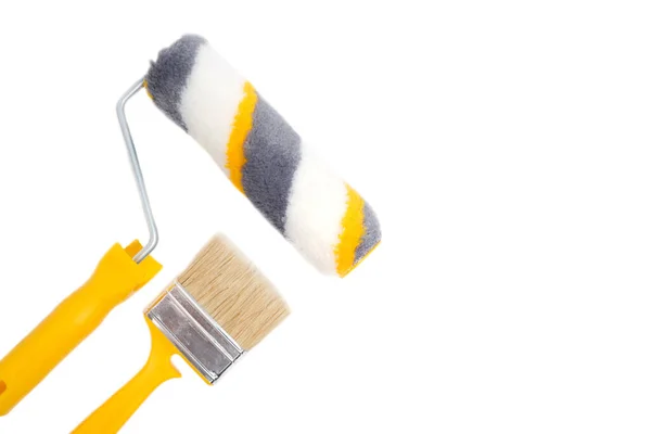 Rolo Pintura Escova Para Pintura Reparação Paredes Sobre Fundo Branco — Fotografia de Stock