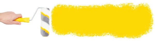Baner Wałki Malarskie Dłoniach Malowania Ścian Napraw Białym Pomalowanym Żółtym — Zdjęcie stockowe