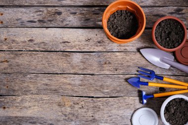 Çiçek saksıları ve dekoratif bahçe aletleri tahtadan bir arka planda kürek, tırmık ve yaba
