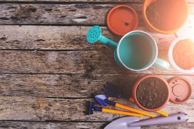 Çiçek saksıları, sulama kabı ve ahşap bir arka planda bahçe aleti