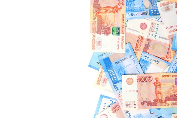 Billetes Rublo Ruso Denominaciones Dos Cinco Mil Rublos Fondo Blanco — Foto de Stock