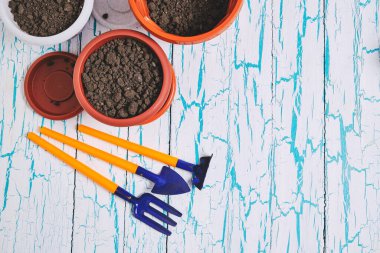 Çiçek saksıları ve dekoratif bahçe aletleri kürek, tırmık ve yaba dekoratif ahşap arka plan