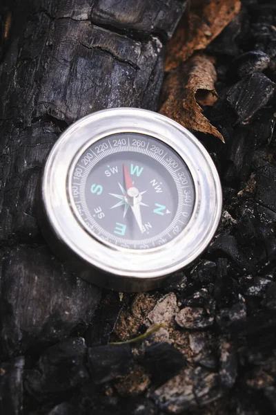 Sönmüş bir ateşin, pikniğin, eğlencenin ve vahşi hayattaki maceraların kömürü üzerinde pusula