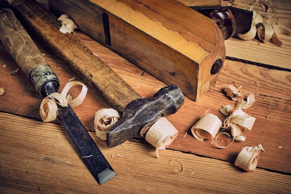 Set Tools Carpenters Hammer Chisel Plane Wooden Background — Stock Photo, Image