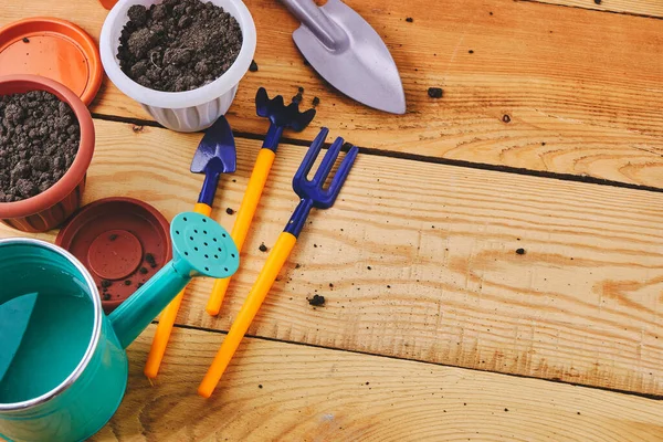 Pots Fleurs Arrosoir Outil Jardin Sur Fond Bois — Photo