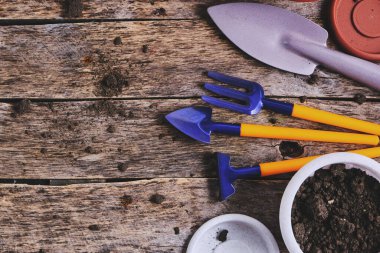 Çiçek saksıları ve dekoratif bahçe aletleri tahtadan bir arka planda kürek, tırmık ve yaba