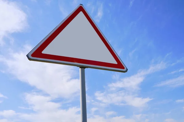 Traffic Warning Sign Background Clouds Blue Sky — стоковое фото
