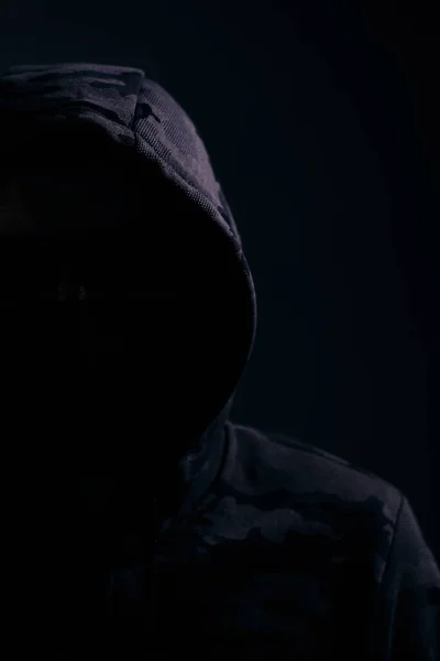 Man Dark Camouflage Hoodie Covered Face Dark Background Hacker Bandit — стоковое фото