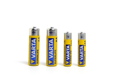 Kostanay, Kazakhstan, May 06, 2022.Finger and pinky batteries German brand VARTA on white background isolate