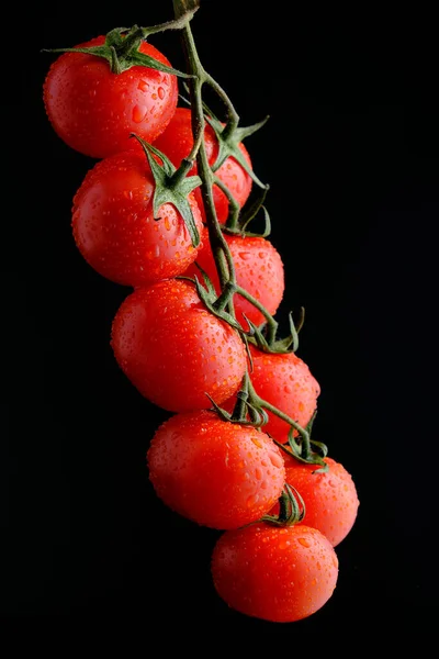 Tomates Cereja Fundo Preto Isolar — Fotografia de Stock