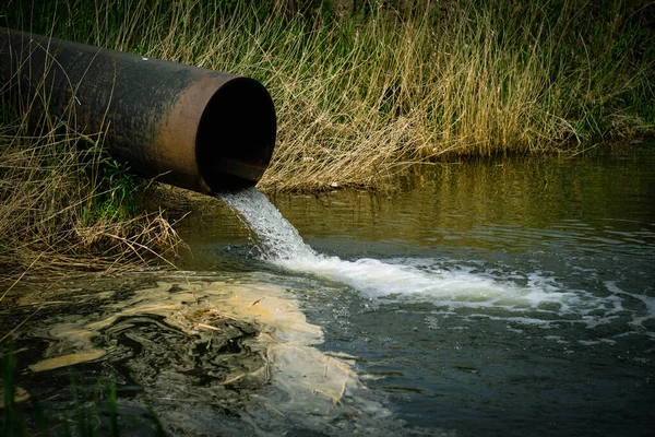 Draining sewage from pipe into river, pollution rivers and ecology