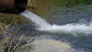Draining sewage from pipe into river, pollution rivers and ecology.