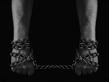 Metal zincir, konsept kölelik, rehine ve özgürlük. Siyah beyaz fotoğraf.