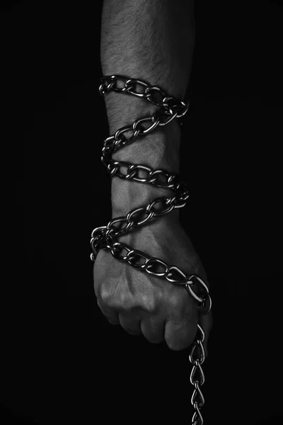 Mans Hand Entangled Metal Chain Concept Slavery Hostage Freedom Black — Stock Photo, Image