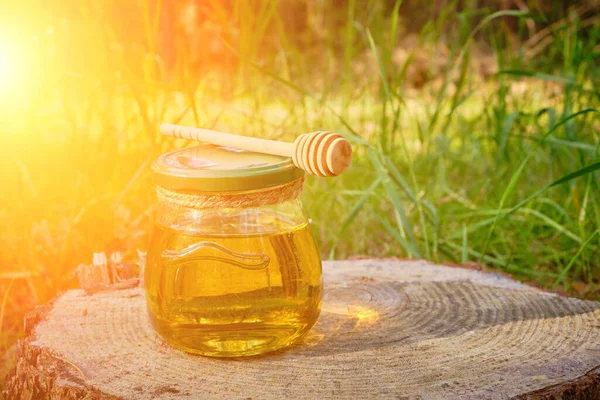 Jar Honey Spoon Honey Forest Stump — Stock Photo, Image
