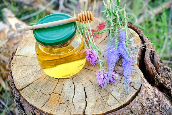 Βάζο Μέλι Και Κουτάλι Για Μέλι Στο Δάσος Στο Κούτσουρο — Φωτογραφία Αρχείου
