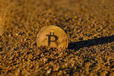 Gün batımında kumdaki Bitcoin para, çök ve kripto para birimine düş