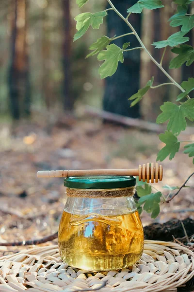 Pot Miel Frais Cuillère Miel Dans Forêt — Photo