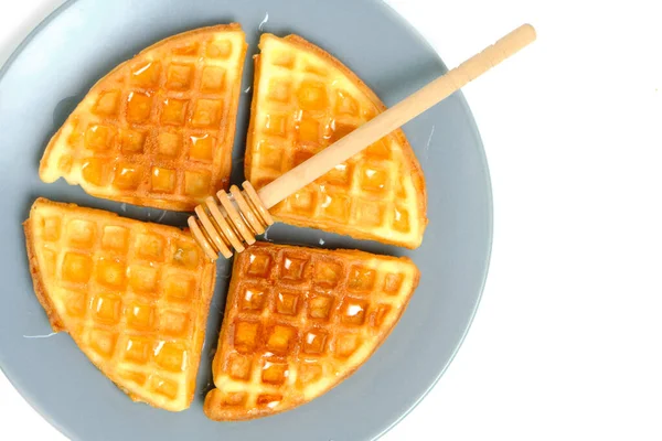 Soft Muffin Waffles Poured Fresh Honey Using Honey Spoon Plate — Stock Photo, Image