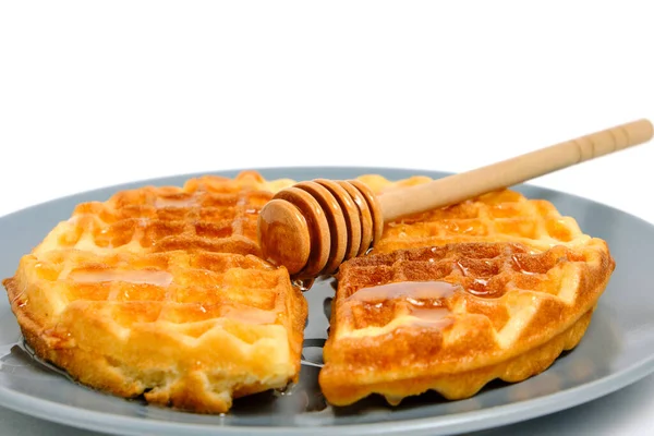 Soft Muffin Waffles Poured Fresh Honey Using Honey Spoon Plate — Stock Photo, Image