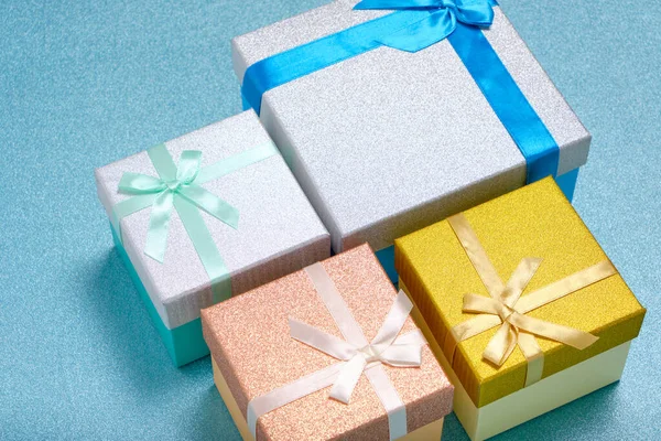 Holiday Gifts Gift Boxes Blue Shiny Background — Stockfoto