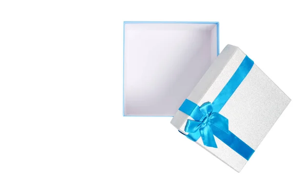 Caixa Presente Aberta Com Fita Azul Fundo Branco Arco — Fotografia de Stock