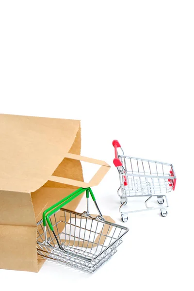 Paper Bag Shopping Cart Shopping Basket White Background — Fotografia de Stock