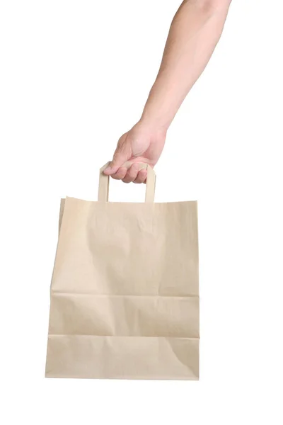 Paper Shopping Bag Hand White Background — Fotografia de Stock
