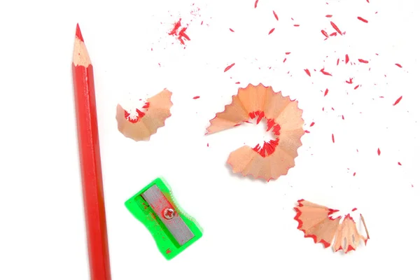 Sharpener Sharpened Red Pencil Sawdust White Background — Fotografia de Stock