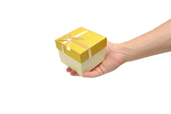 Gift Box Gold Ribbon Bow Hand White Background — Fotografia de Stock