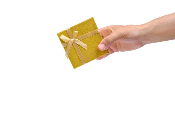Caixa Presente Com Fita Ouro Arco Mão Fundo Branco — Fotografia de Stock