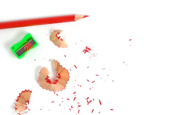 Sharpener Sharpened Red Pencil Sawdust White Background — Stockfoto