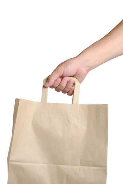 Paper Shopping Bag Hand White Background — Stock Photo, Image