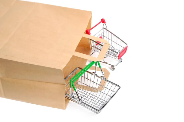 Paper Bag Shopping Cart Shopping Basket White Background — Fotografia de Stock