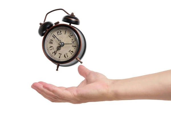 Ringing Hovering Old Retro Alarm Clock Hand White Background —  Fotos de Stock