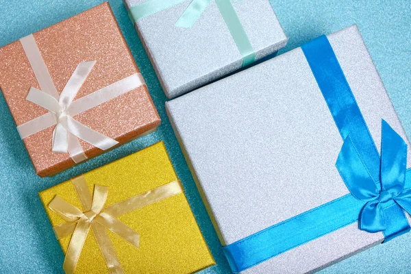 Holiday Gifts Gift Boxes Blue Shiny Background — Foto de Stock
