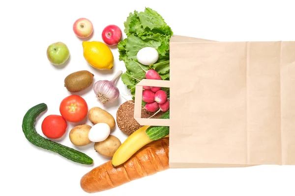 Fruits Vegetables Products Paper Grocery Bag White Background — 图库照片