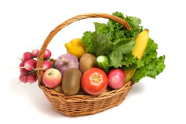 Fruits Vegetables Wicker Basket White Background — Foto de Stock