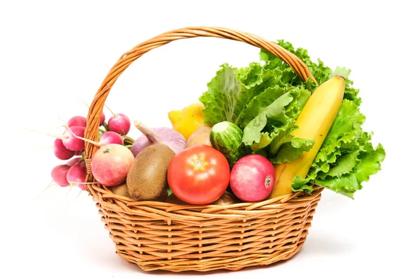 Fruits Vegetables Wicker Basket White Background — Photo